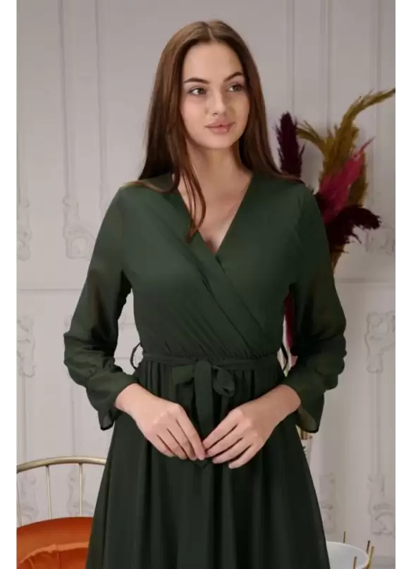 Uzun Düz Şifon Elbise Haki