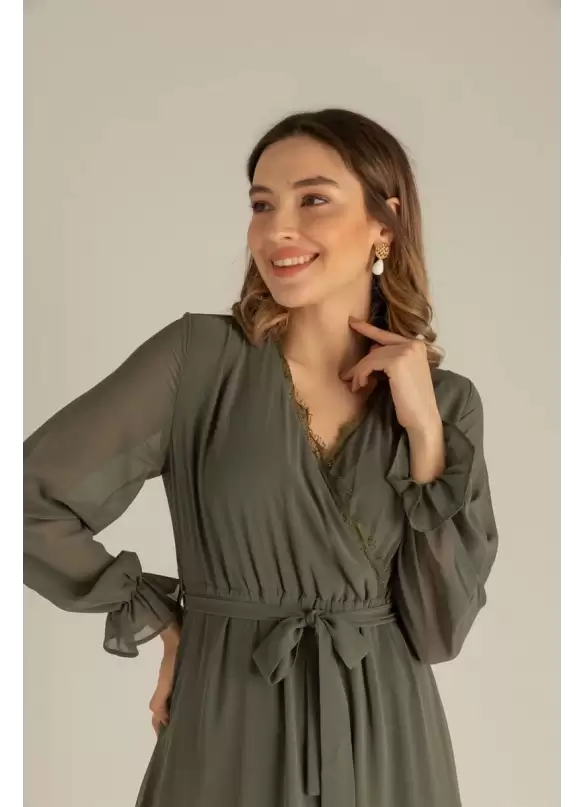 Uzun Kol Etek Ucu Güpürlü Elbise - HAKİ
