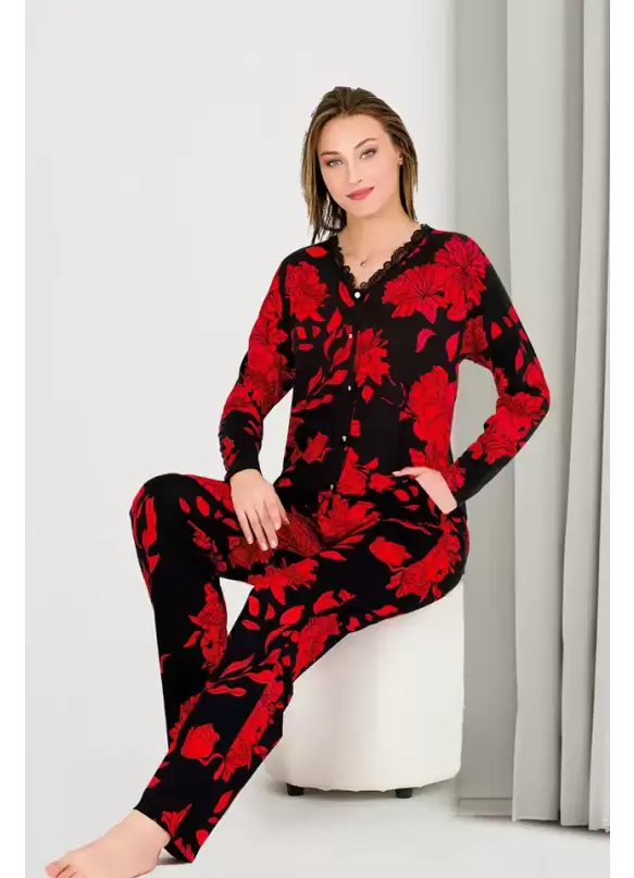 Uzun Kol Onü Düğmeli Kırmızı Çiçekli Bayan Pijama Takımı