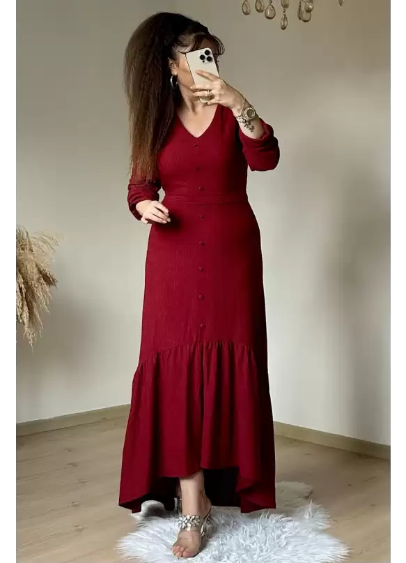 Uzun Kol Romantik Elbise Bordo