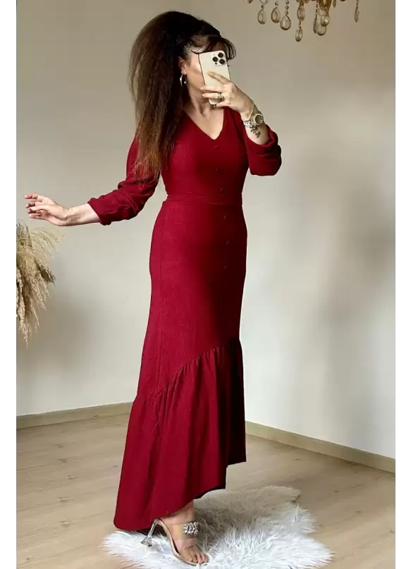 Uzun Kol Romantik Elbise Bordo