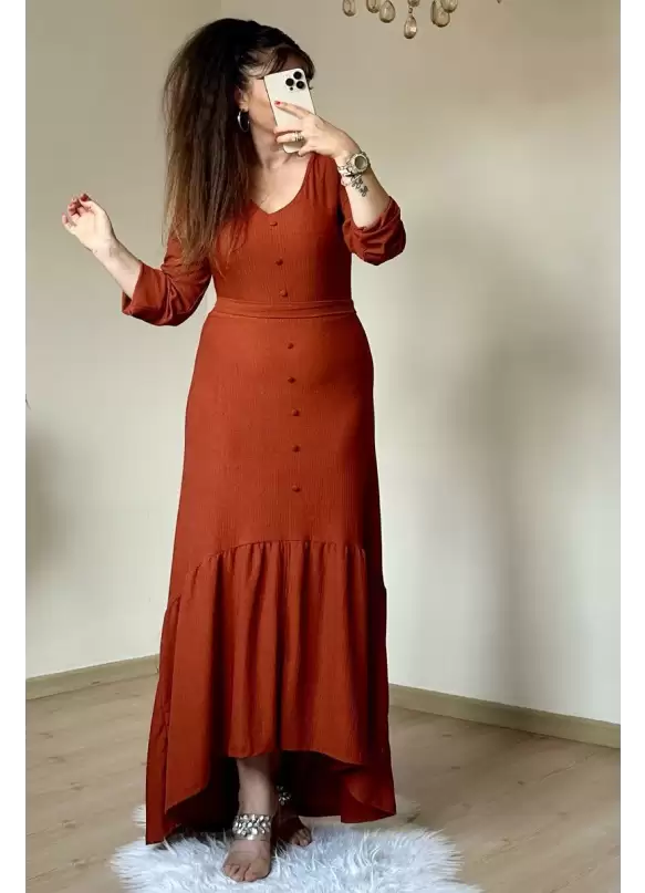 Uzun Kol Romantik Elbise Kiremit