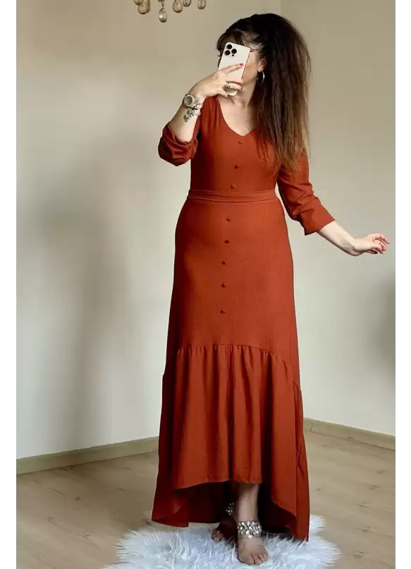 Uzun Kol Romantik Elbise Kiremit