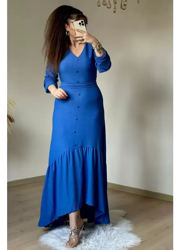Uzun Kol Romantik Elbise Mavi