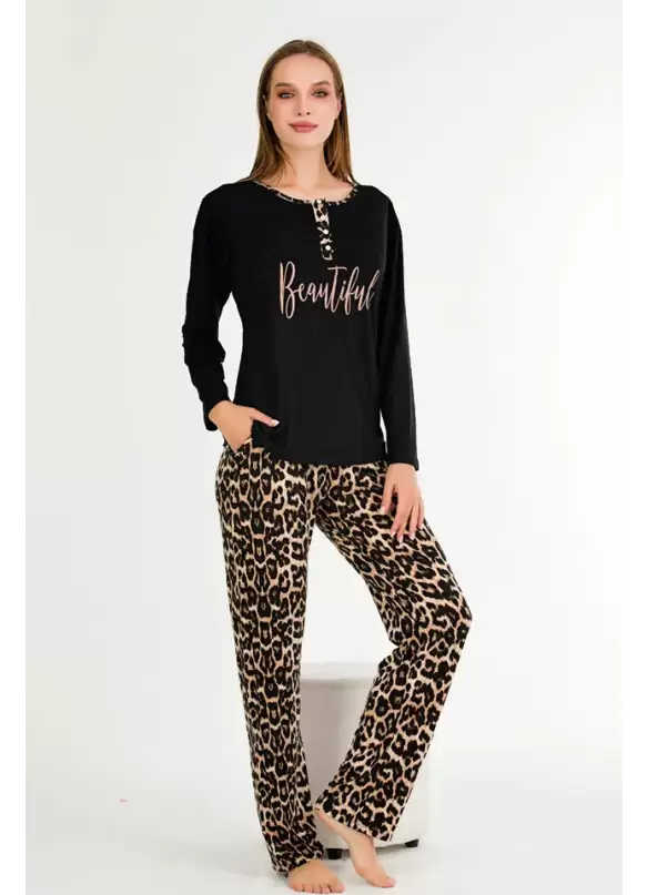 Uzun Kol Yaka Düğmeli Leopar Bayan Pijama Takımı