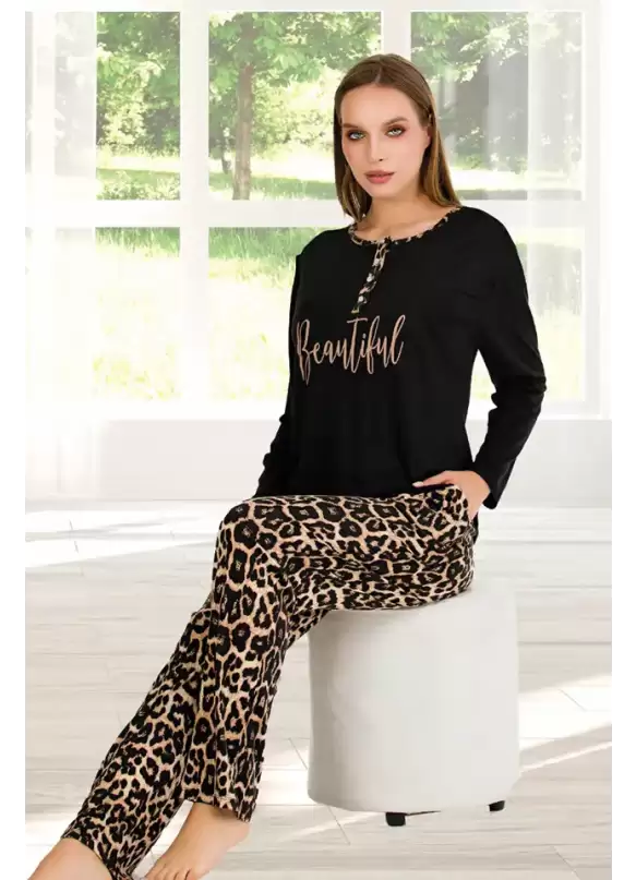 Uzun Kol Yaka Düğmeli Leopar Bayan Pijama Takımı