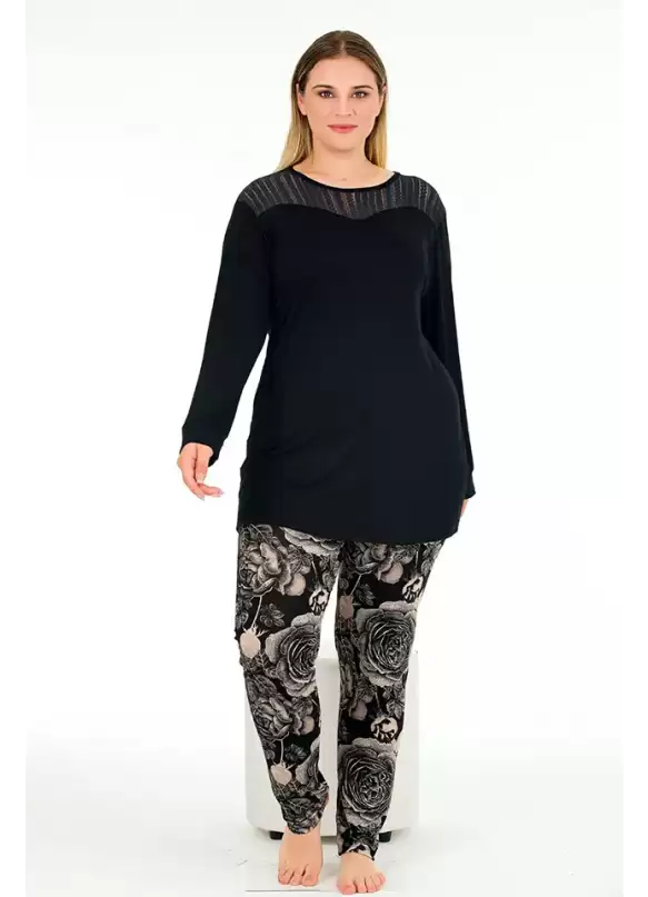 Uzun Kol Yaka Tül Detaylı Büyük Beden Pijama Takımı
