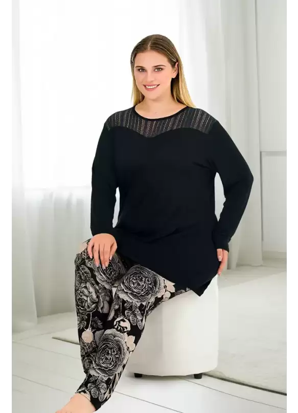 Uzun Kol Yaka Tül Detaylı Büyük Beden Pijama Takımı