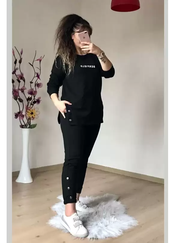 Uzun Kol Yan Çıtçıtlı Siyah Takım