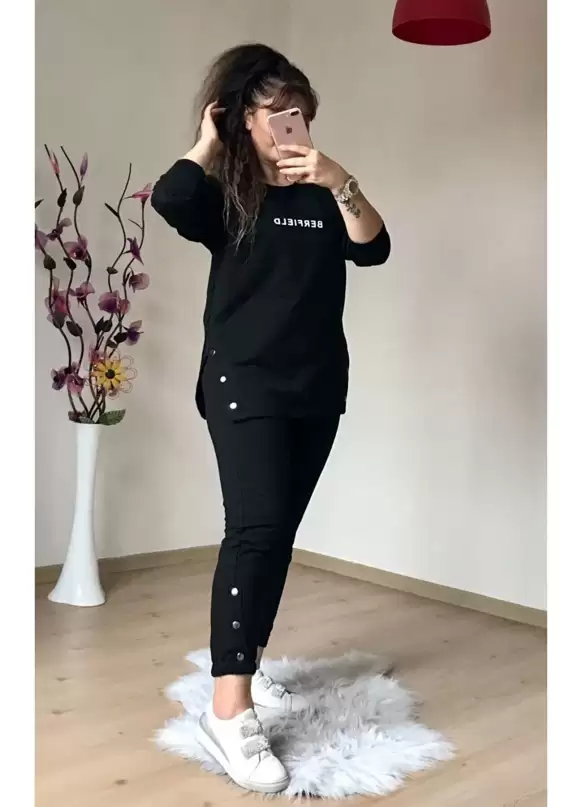 Uzun Kol Yan Çıtçıtlı Siyah Takım