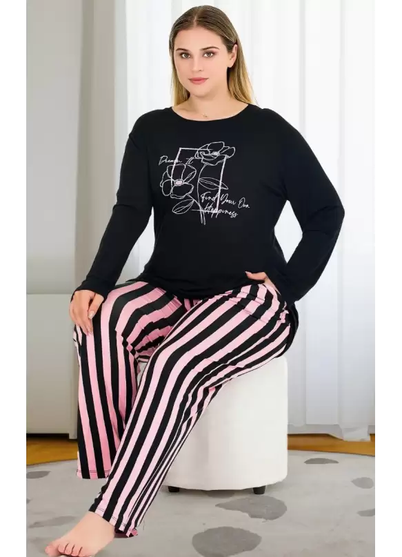 Uzun Kollu Siyah Büyük Beden Viskon Pijama Takımı