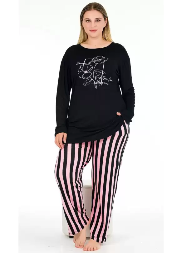 Uzun Kollu Siyah Büyük Beden Viskon Pijama Takımı
