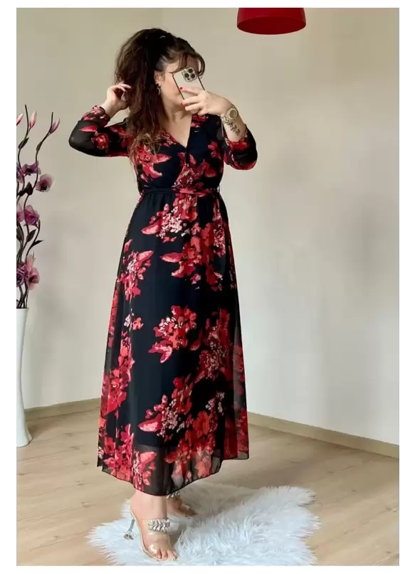 Uzun Nar Çiçeği Şifon Elbise