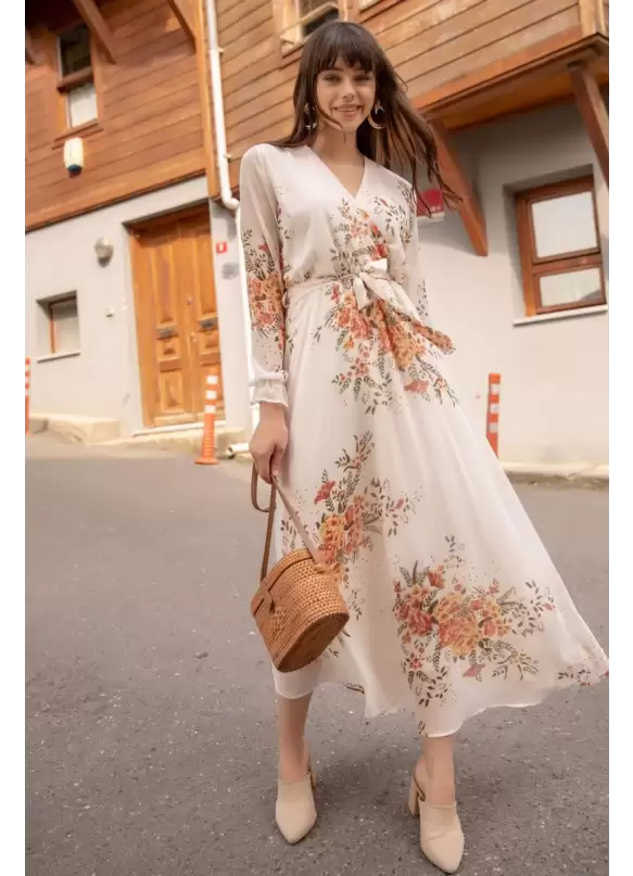 Uzun Sarı çiçekli Şifon Elbise - Beyaz