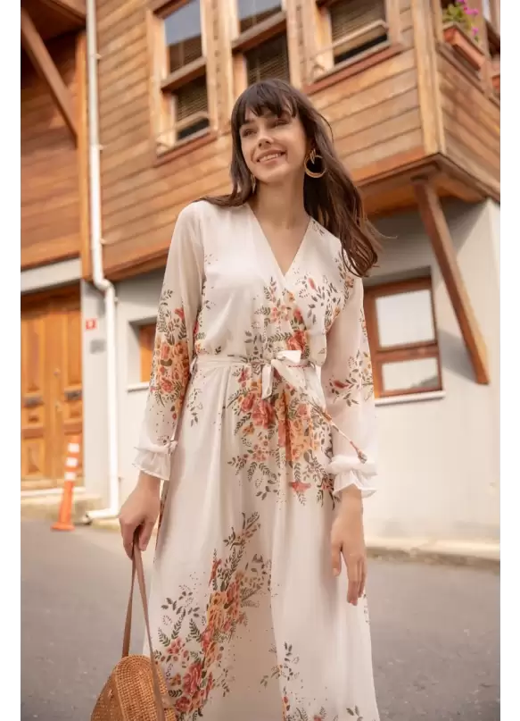 Uzun Sarı çiçekli Şifon Elbise - Beyaz