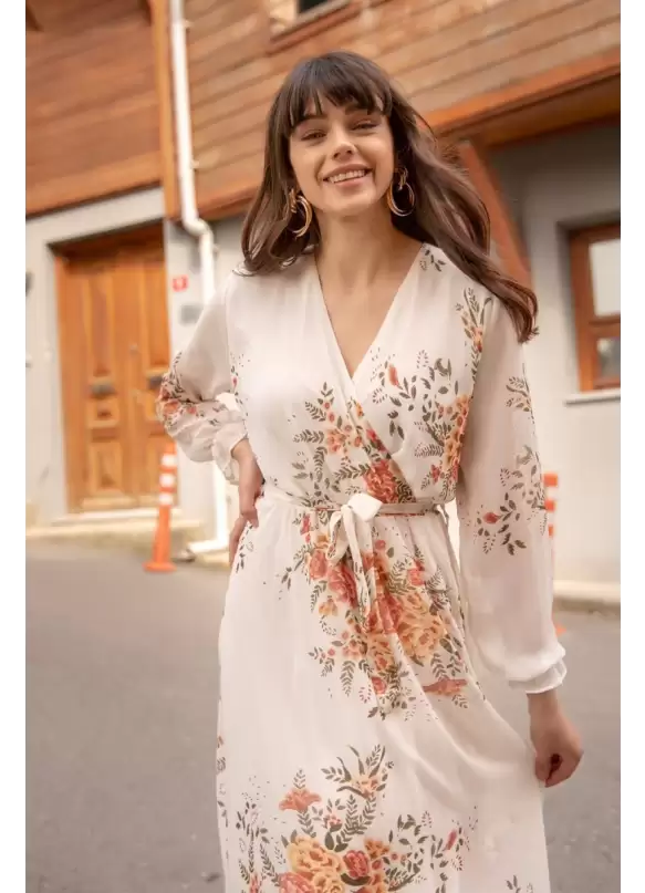 Uzun Sarı çiçekli Şifon Elbise - Beyaz
