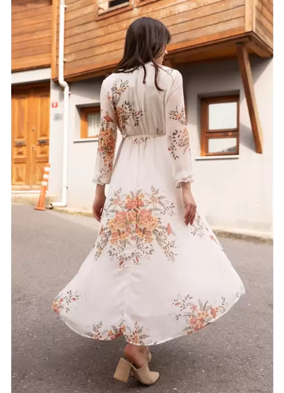 Uzun Sarı çiçekli Şifon Elbise - Beyaz