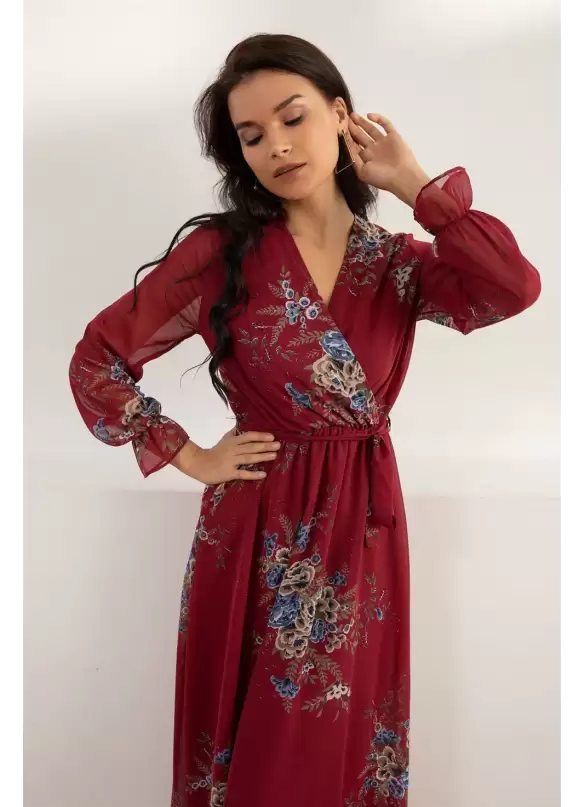 Uzun Sarı çiçekli Şifon Elbise - Bordo