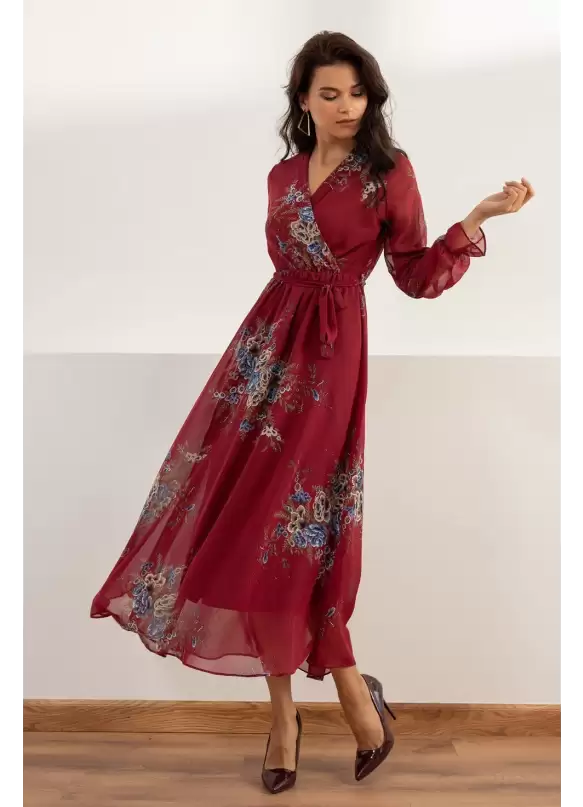 Uzun Sarı çiçekli Şifon Elbise - Bordo