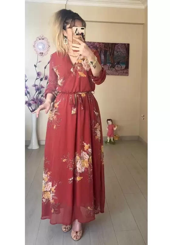 Uzun Sarı çiçekli Şifon Elbise - Kiremit