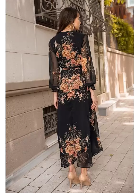 Uzun Sarı çiçekli Şifon Elbise - Siyah