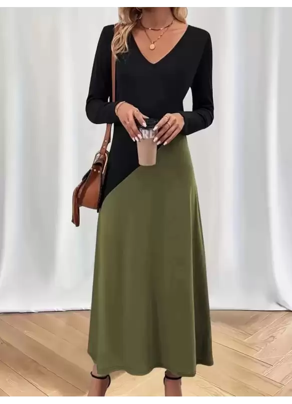 V Yaka Blok Desenlı Elbise Haki