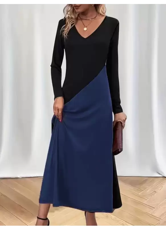 V Yaka Blok Desenlı Elbise Mavi