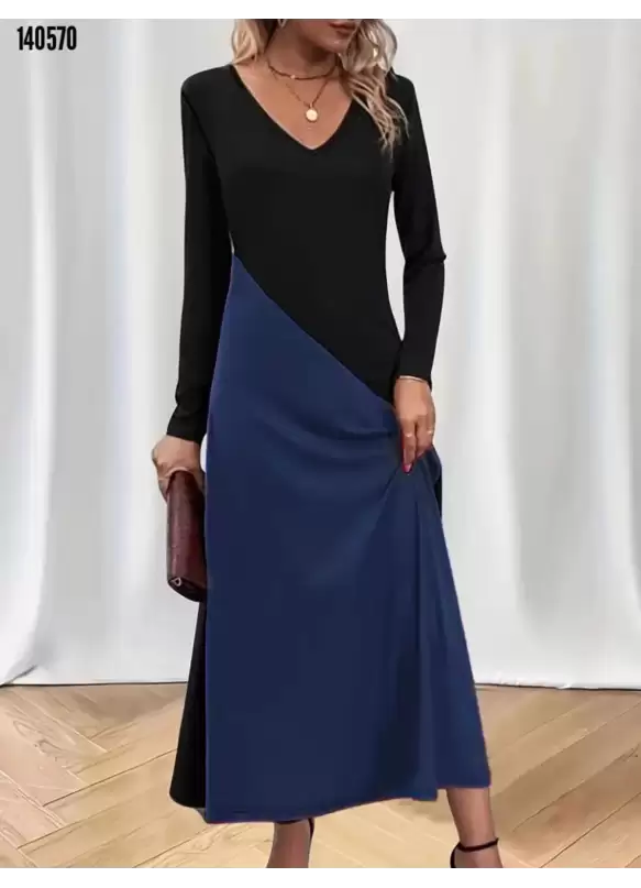 V Yaka Blok Desenlı Elbise Mavi