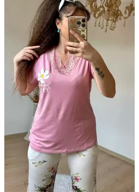 Yaka Dantelli Takım Pembe