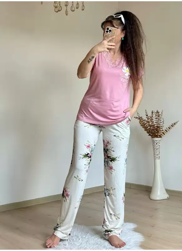 Yaka Dantelli Takım Pembe