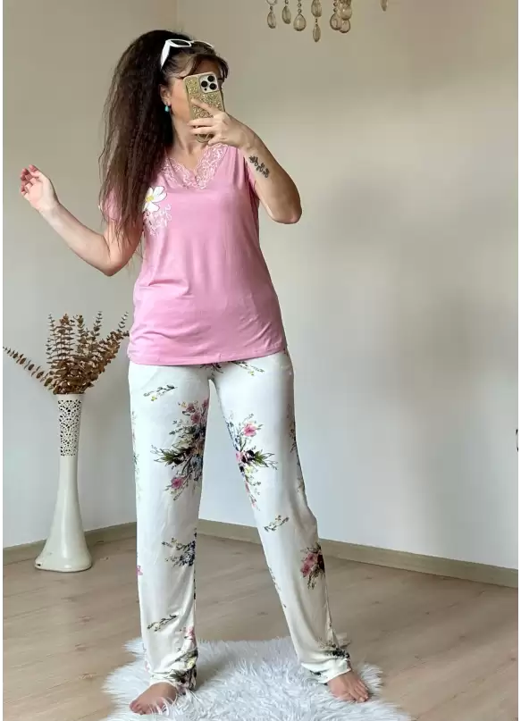 Yaka Dantelli Takım Pembe