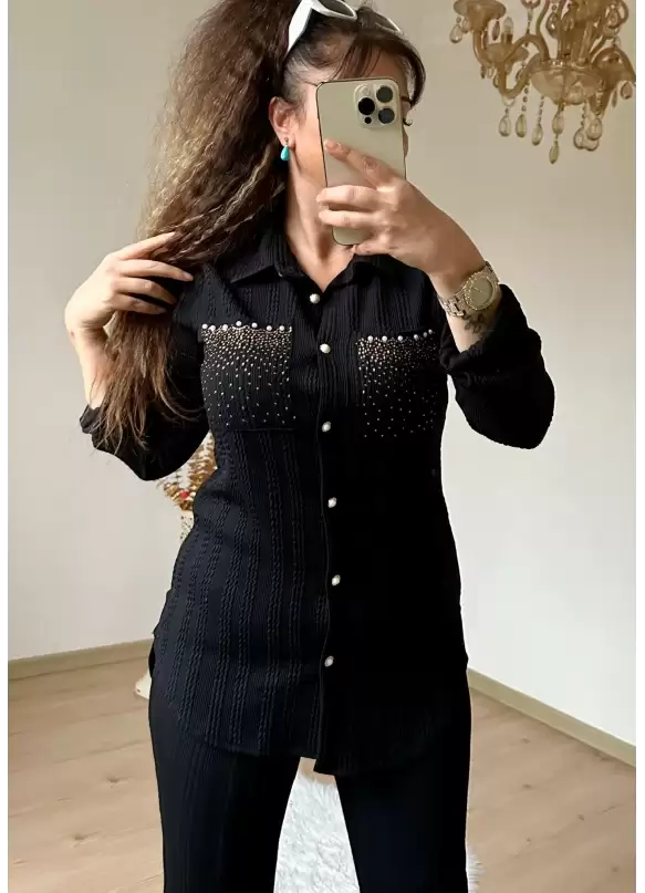 Black Set with Necklace Stone Detailed Cuffs