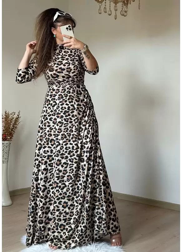 Yan Büzgülü Leopar Elbise