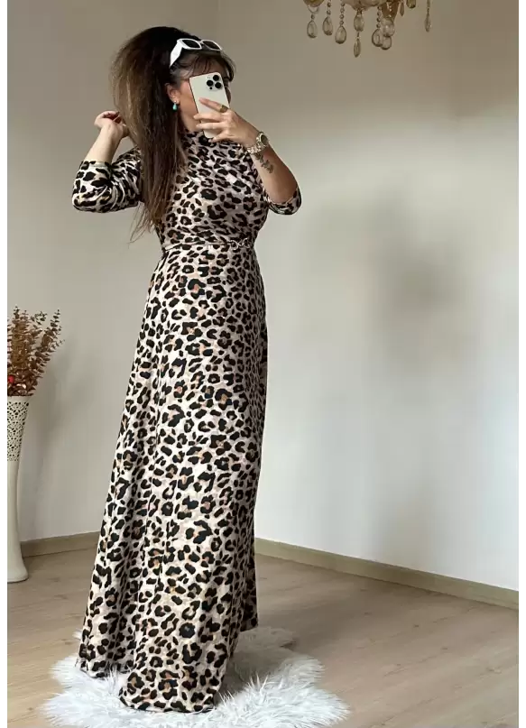 Yan Büzgülü Leopar Elbise