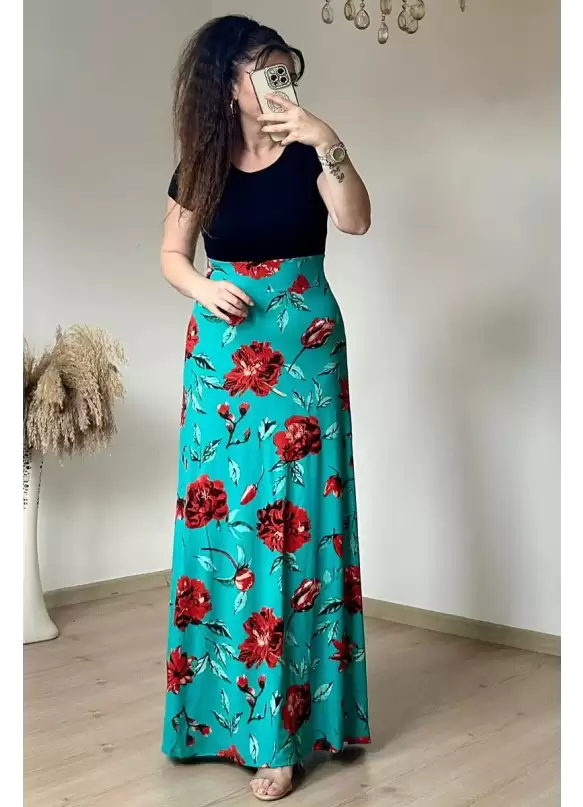 Yeşil İri Gül Desen Viskon Elbise