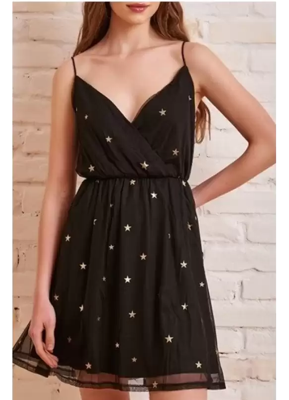 Yıldız Desenli Mini Elbise Gögüs Dekolteli Ip Askılı Tüllü elbise