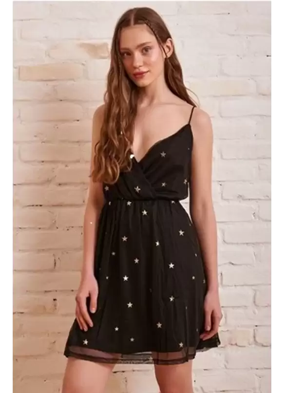 Yıldız Desenli Mini Elbise Gögüs Dekolteli Ip Askılı Tüllü elbise