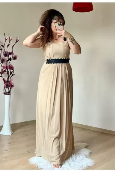 Askılı Deri Kemerli Elbise Bej