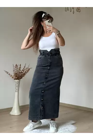 Bel Detaylı Dar Kot Etek Koyu Füme