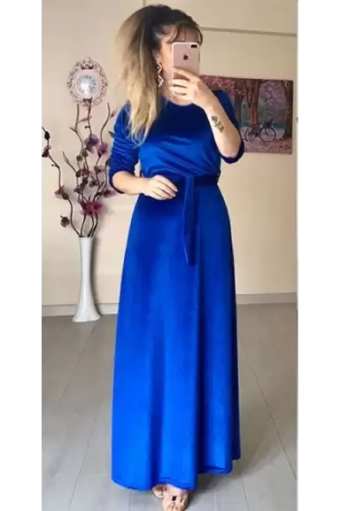Bisiklet Yaka Kadife Elbise Saks Mavi