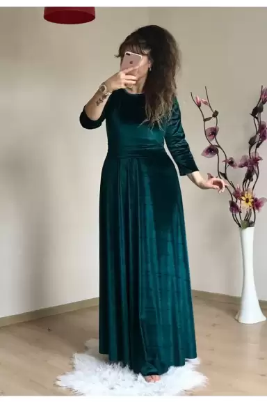 Bisiklet Yaka Kadife Elbise Zümrüt Yeşili