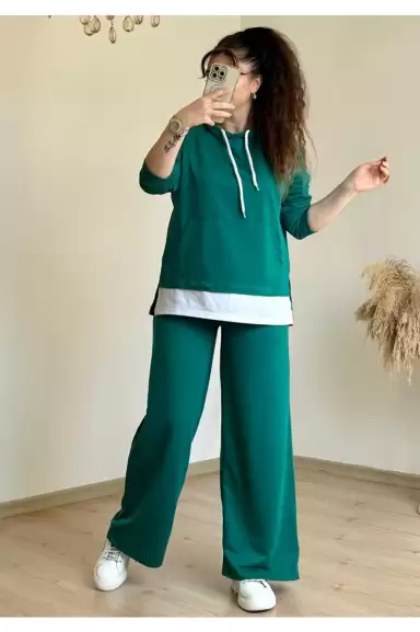 Bol Paça Tshırt Detaylı Takım Yeşil