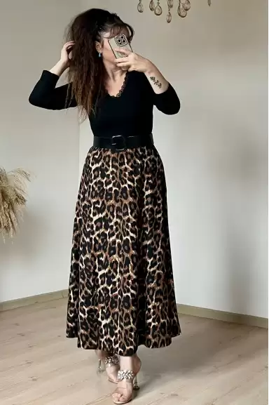 Deri Kemerli leopar Süet Elbise