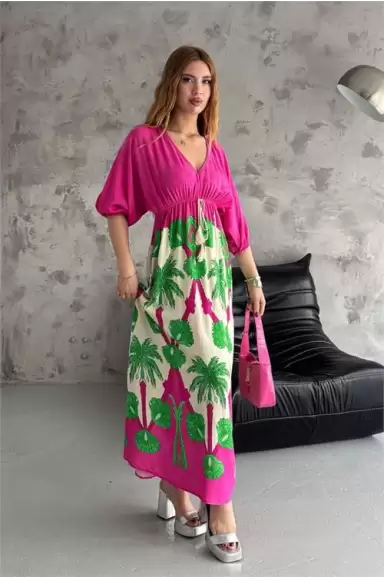Desenli Dokuma Viskon Elbise V-YAKA Pembe