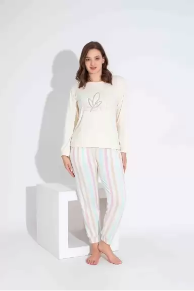 Ekru Çizgi Desen Anne Pijama Takımı