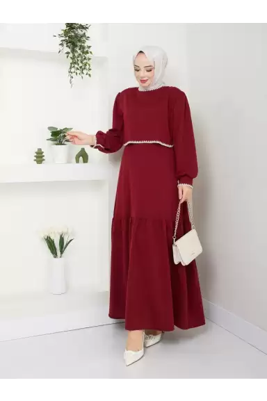 Etek Fırfırlı Elbise Bordo