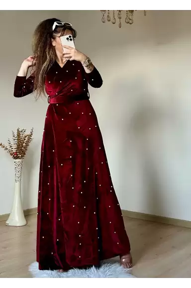İncili Kadife Elbise - BORDO