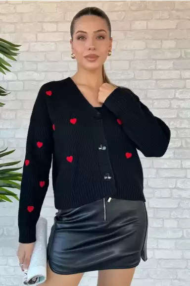 Kadın Kalp Nakışlı Triko Hırka