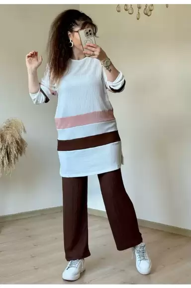 Kahve Pudra Şeritli Takım