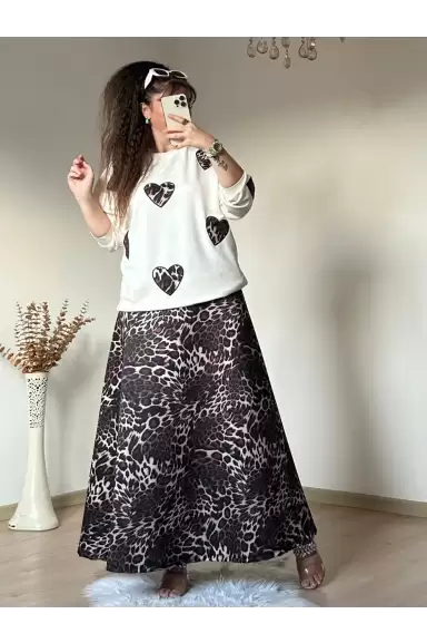 Kalpli Leopar Etek Bluz Takım